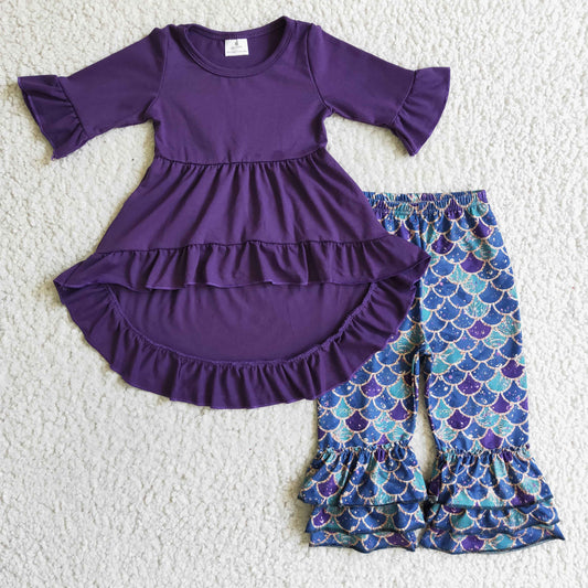 6 A15-12 Purple Blue Mermaid Scale Print Ruffles Short Front Long Back Girls Long Sleeve Pants Outfits