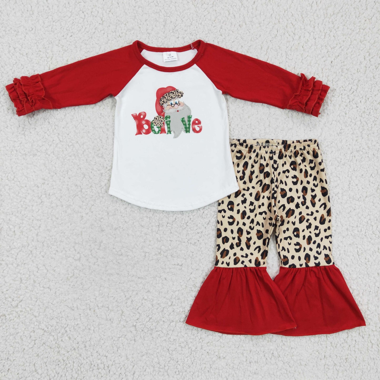 6 A19-27 Christmas Believe Santa Red Leopard Girls Long Sleeve Bell Bottom Pants Outfits