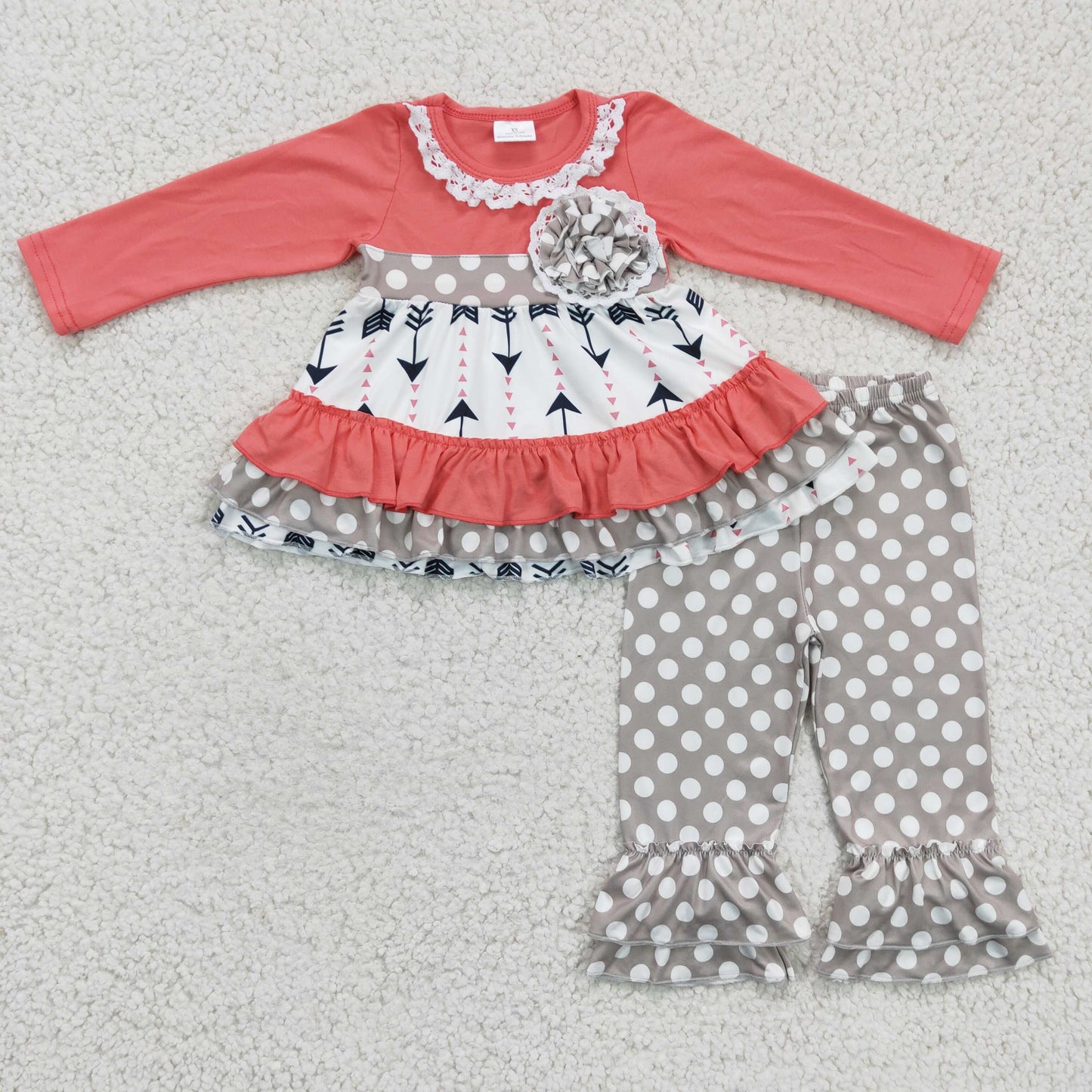 Clearance 6 A24-18 Valentine's Day Pink Floral Dots Ruffles Tunic Girls Long Sleeve Pants Outfits