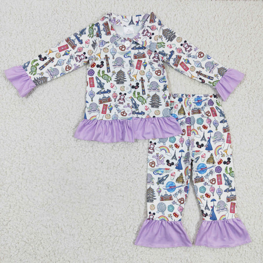 GLP0357 Purple M Cartoon Girls Long Sleeve Pants Outfits Collar Pajamas