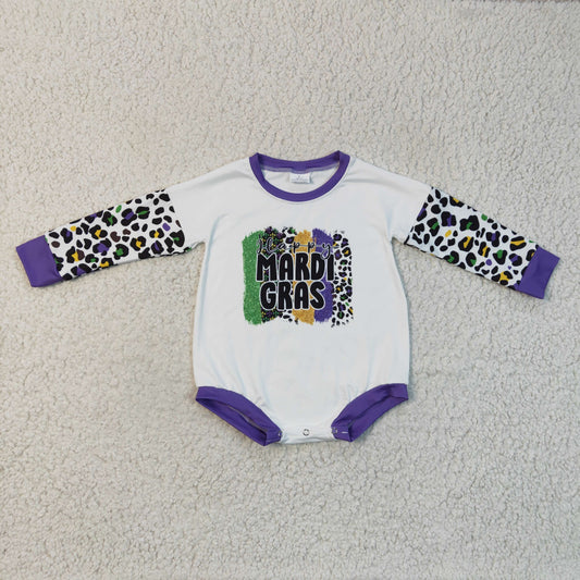 LR0226 Mardi Gras Purple Yellow Leopard Girls Long Sleeve Romper