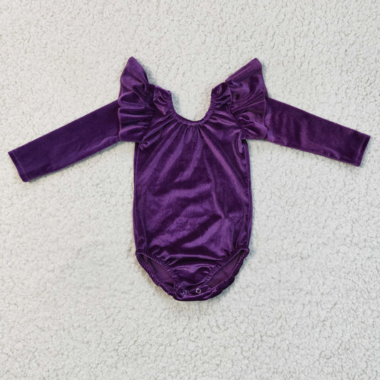 LR0211 Plain Purple Ruffles Velvet Girls Long Sleeve Romper