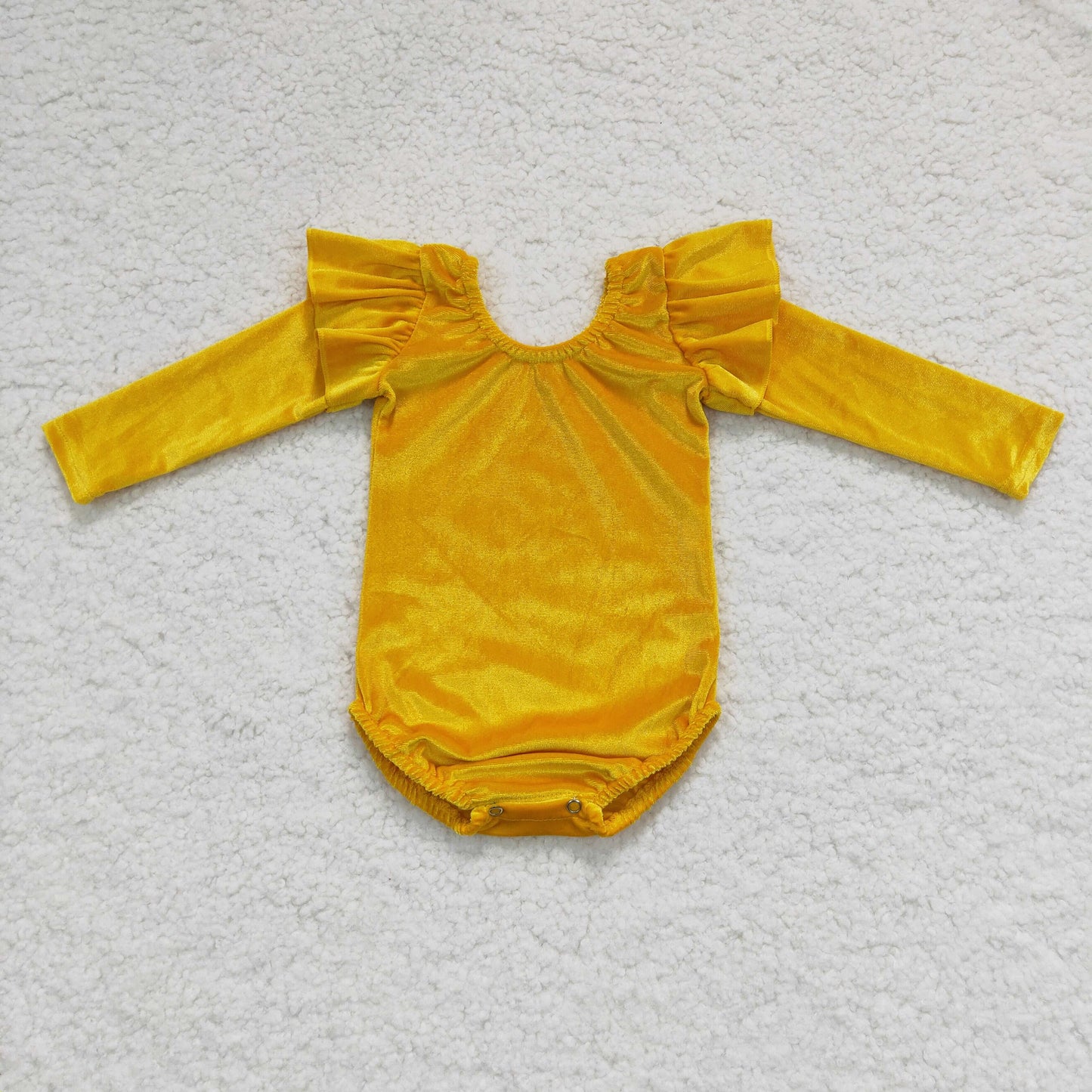 LR0210 Plain Yellow Ruffles Velvet Girls Long Sleeve Romper