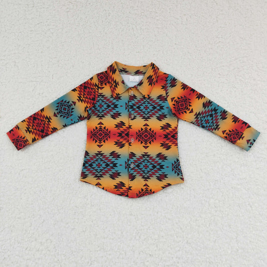 BT0129 Orange Green Western Print Boys Long Sleeve Top Collar T-Shirts