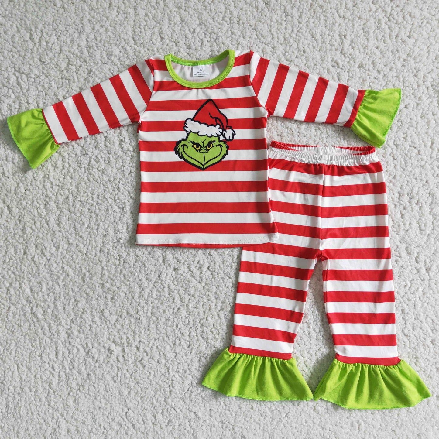 6 B4-2 Christmas Red Stripes Green Cartoon Girls Long Sleeve Pajamas Outfits