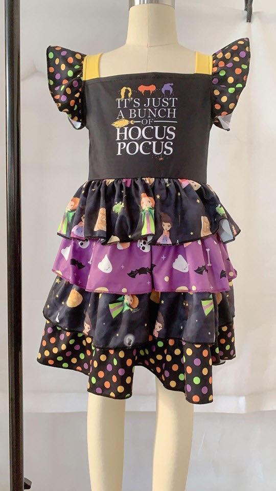 C3-23 Halloween Witch Cartoon Ruffles Patchwork Girls Short Sleeve Dresses