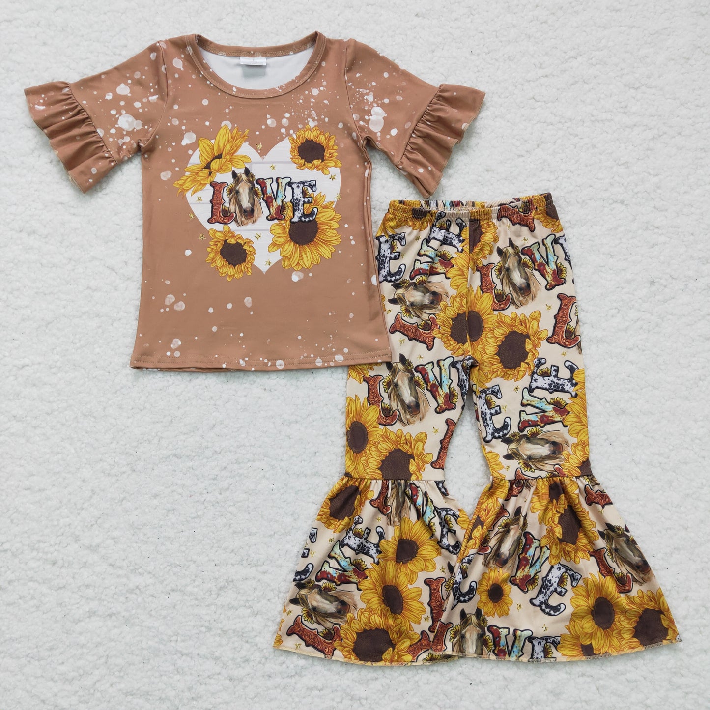 GSPO0277 Brown Yellow Sunflower Love Horses Girls Short Sleeve Bell Bottom Pants Outfits