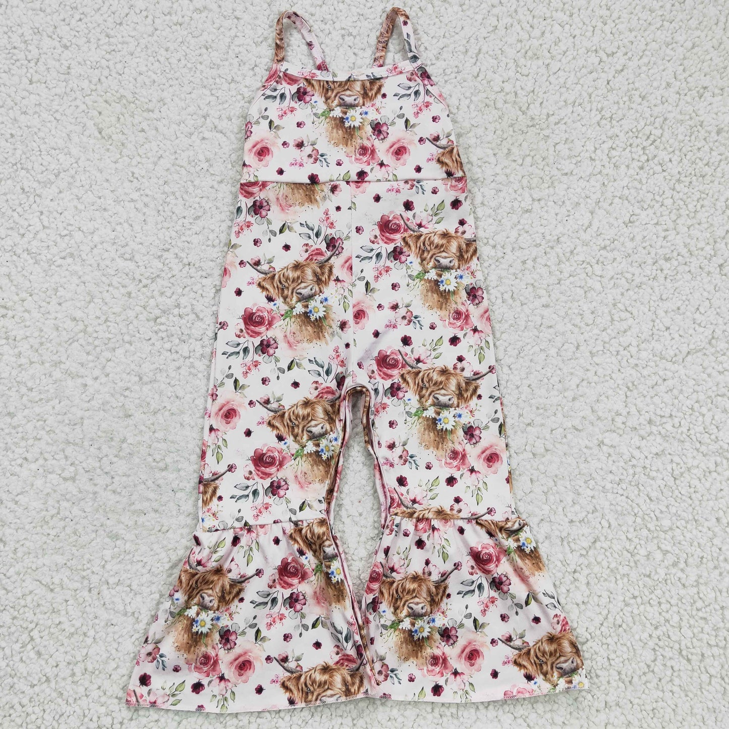 SR0114 Pink Floral Highland Cow Girls Sleeveless Jumpsuit Overall Pants