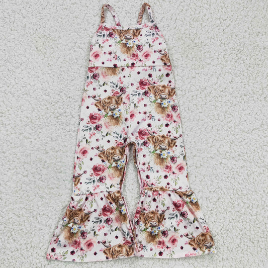 SR0114 Pink Floral Highland Cow Girls Sleeveless Jumpsuit Overall Pants