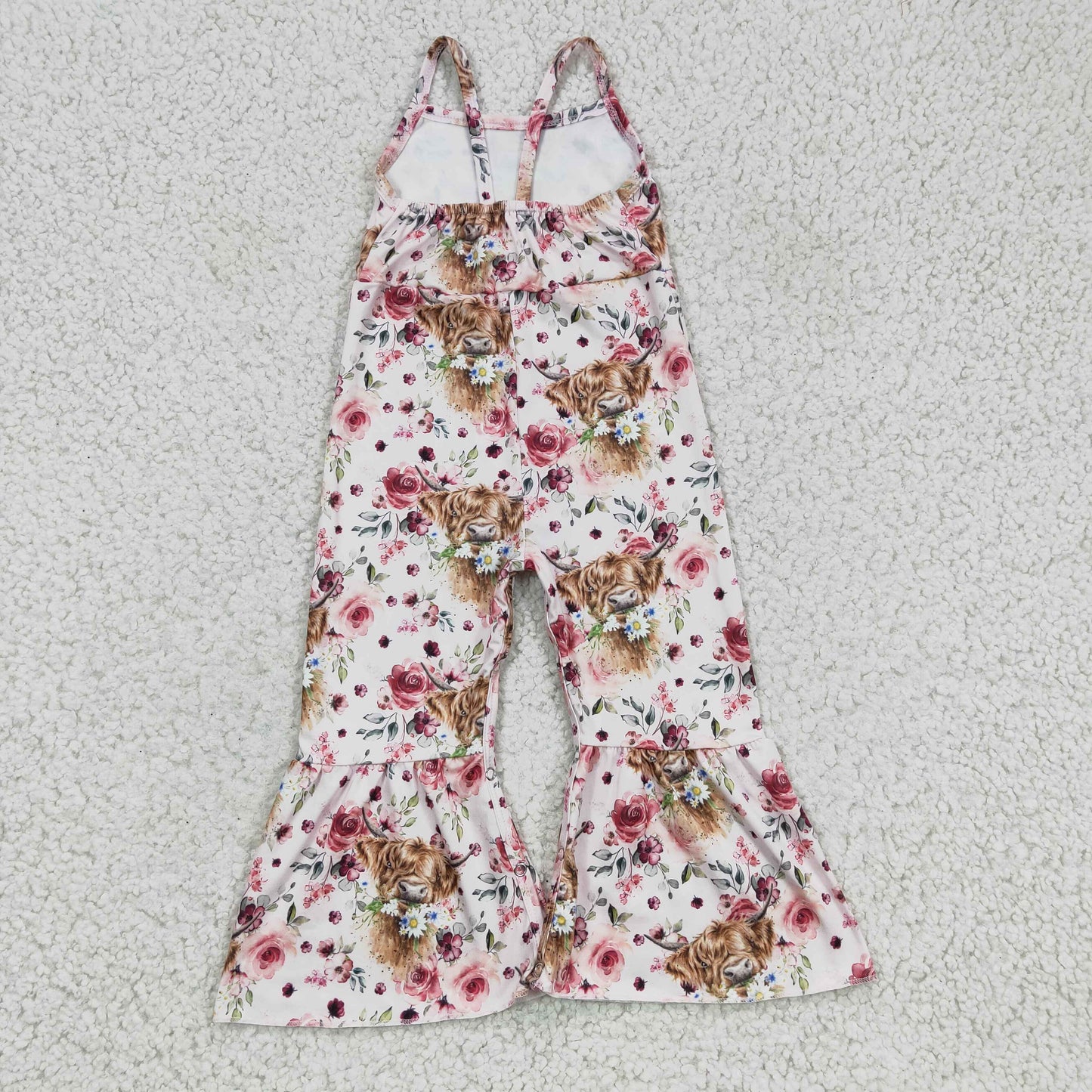 SR0114 Pink Floral Highland Cow Girls Sleeveless Jumpsuit Overall Pants