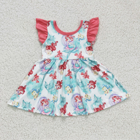 GSD0173 Blue Red Mermaid Fish Cartoon Girls Short Sleeve Dresses