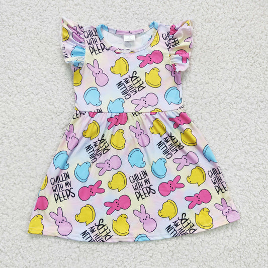 GSD0159 Easter Pink Blue Rabbit Chillin With My Peeps Girls Short Sleeve Dresses