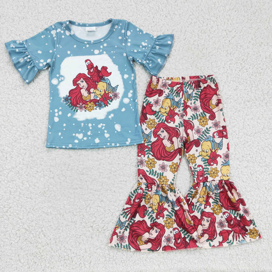 GSPO0311 Blue Red Princess Fish Crawfish Cray Cartoon Girls Short Sleeve Bell Bottom Pants Outfits