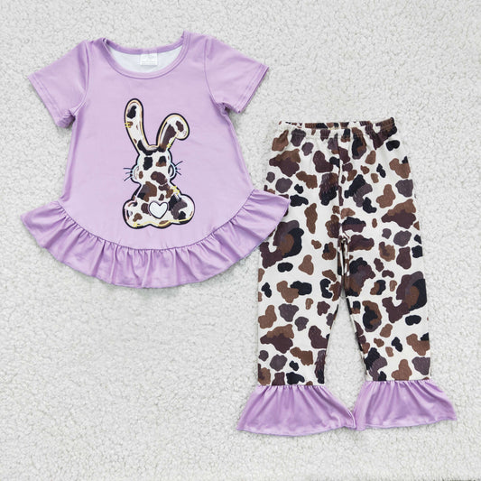 GSPO0238 Easter Purple Leopard Girls Short Sleeve Bell Bottom Pants Outfits