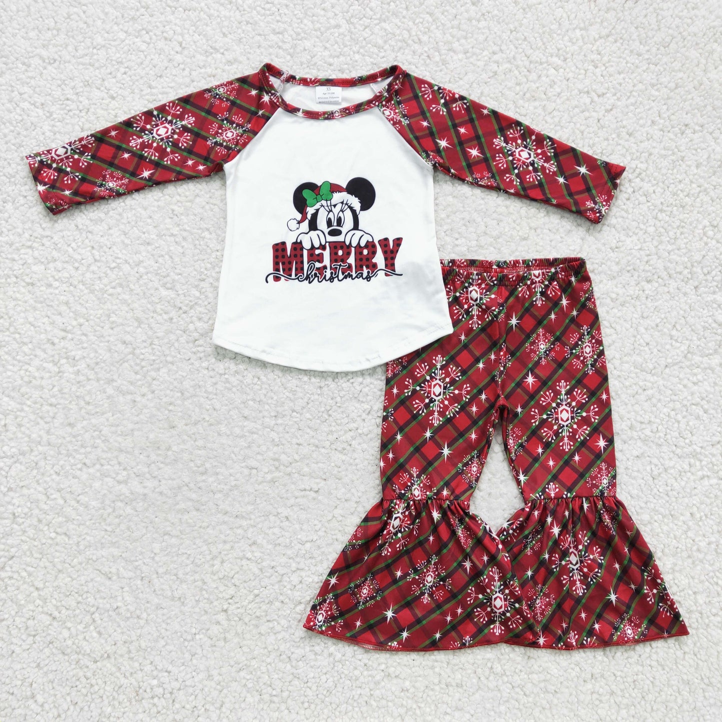 Clearance 6 A3-28 Merry Christmas Red Bleach  Mouse Cartoon Girls Long Sleeve Bell Bottom Pants Outfits