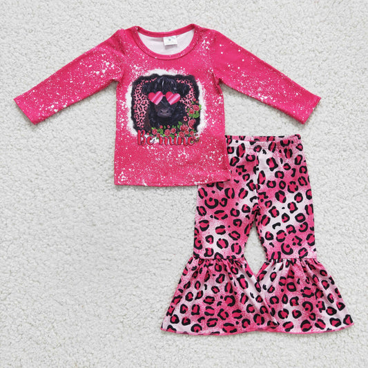 GLP0369 Valentine Pink Leopard Highland Cow Be Mind  Girls Long Sleeve Bell Bottom Pants Outfits