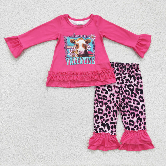 GLP0362 Valenting Highland Cow Blue Pink Leopard Girls Long Sleeve Pants Outfits