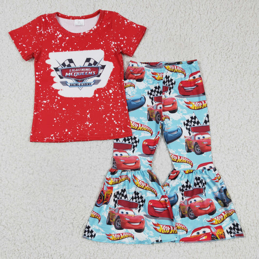 GSPO0111 Red Blue Car Race Cartoon Girls Short Sleeve Bell Bottom Pants Outfits