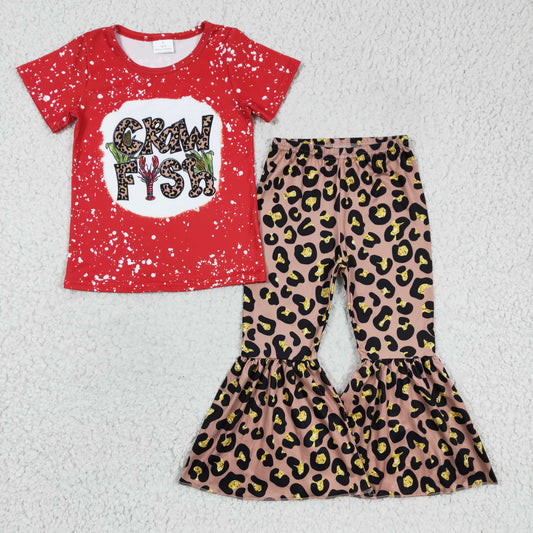 GSPO0332 Crawfish Cray Red Bleach Leopard Girls Short Sleeve Bell Bottom Pants Outfits