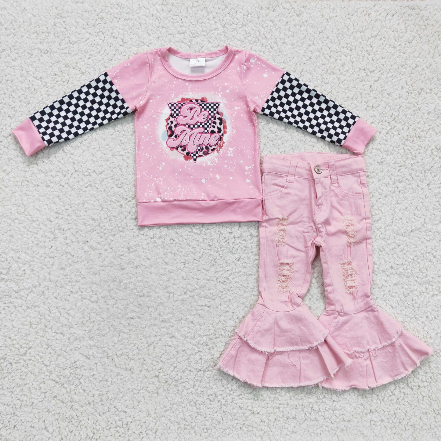 GLPO410 2Pcs Pink Be Mine Plaid Top + Pink Denim Girls Long Sleeve Pants Outfits