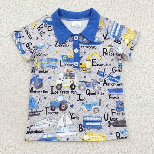 BT0135 Blue Yellow Helicopter Lifeboat Tractor Car Boys Short Sleeve Top Collar T-Shirts