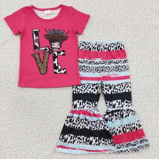 GSPO0371 Pink Love Highland Cow Girls Short Sleeve Bell Bottom Pants Outfits