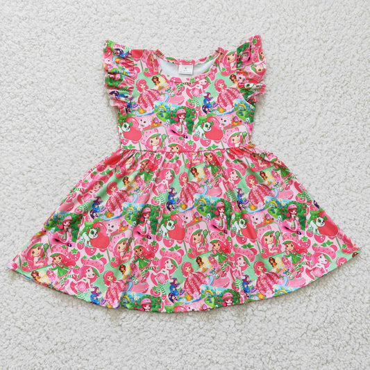 B10-12 Pink Green Strawberry Girls Short Sleeve Dresses