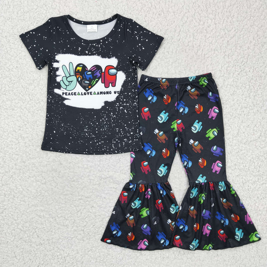 Clearance A14-16  Peace Love Among Game Blue Black Cartoon Girls Short Sleeve Bell Bottom Pants Outfits