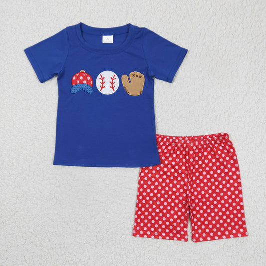 BSSO0098 Blue Red Dots Baseball Softball Boys Short Sleeve Shorts Outfits