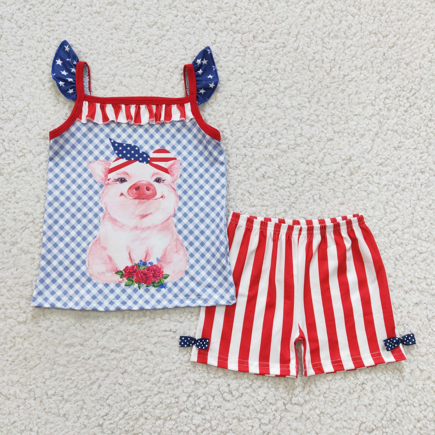 C4-11 4th Of July Pig Striped Print Girls Short Sleeve Shorts Outfits