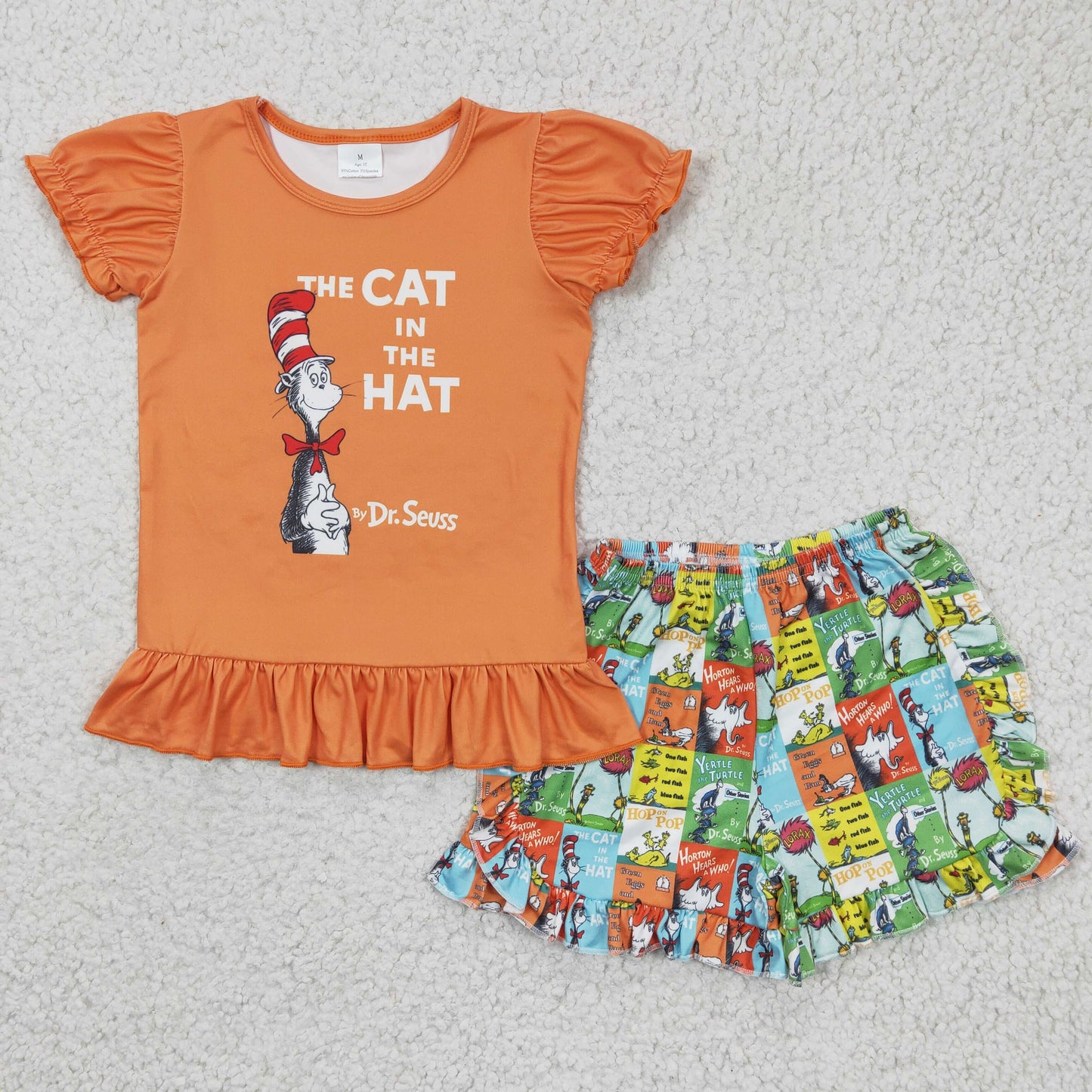 A6-16 Orange Cat Cartoon Hat Girls Short Sleeve Shorts Outfits