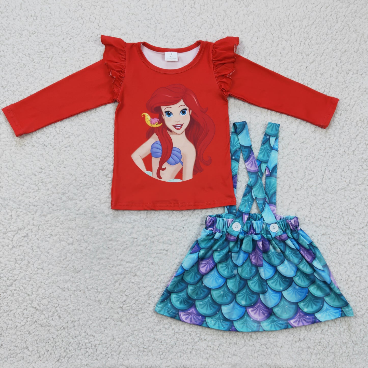 GLD0175 Red Blue Mermaid Scale Girls Long Sleeve With Skirt Overall Dresses Outfits