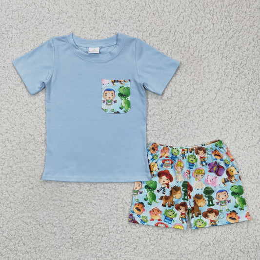 C14-24 Blue Toy Cartoon Boys Short Sleeve Shorts Outfits