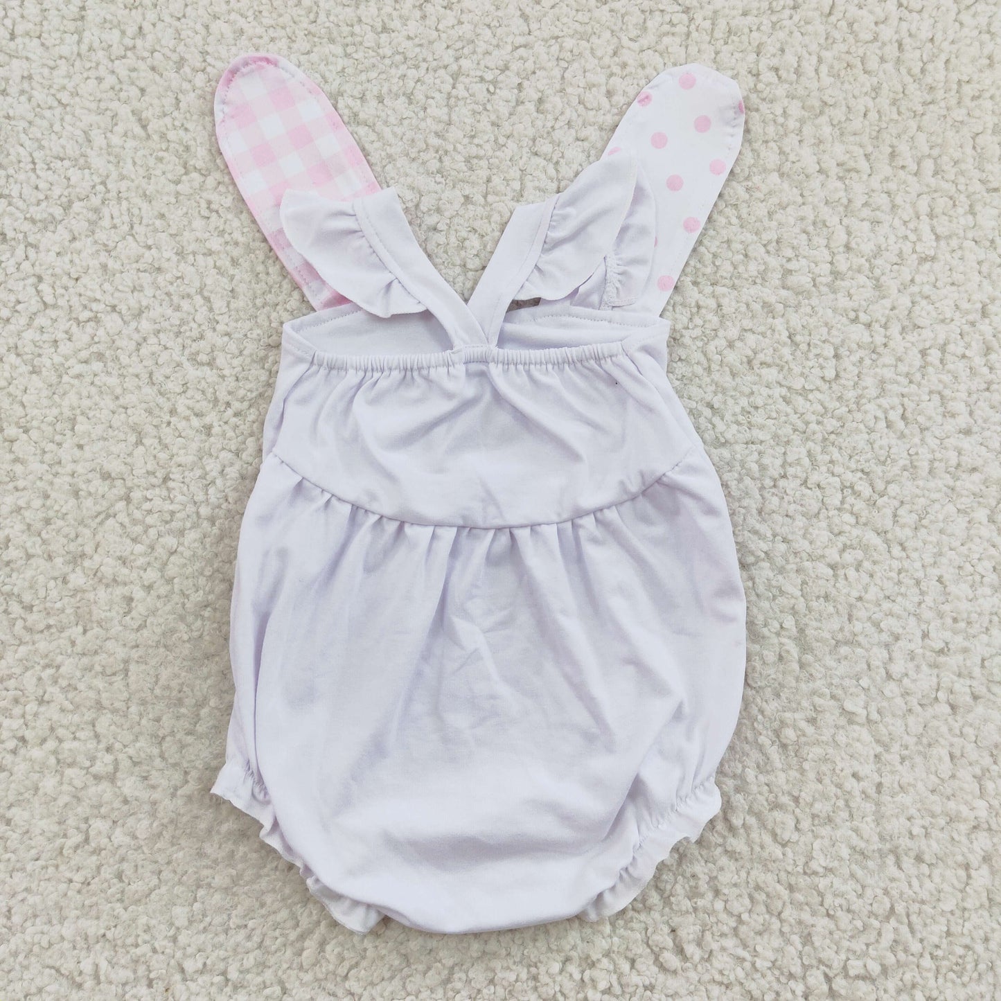 SR0111 Easter Pink Plaid Dot Rabbit Embroidery Girls Short Sleeve Romper