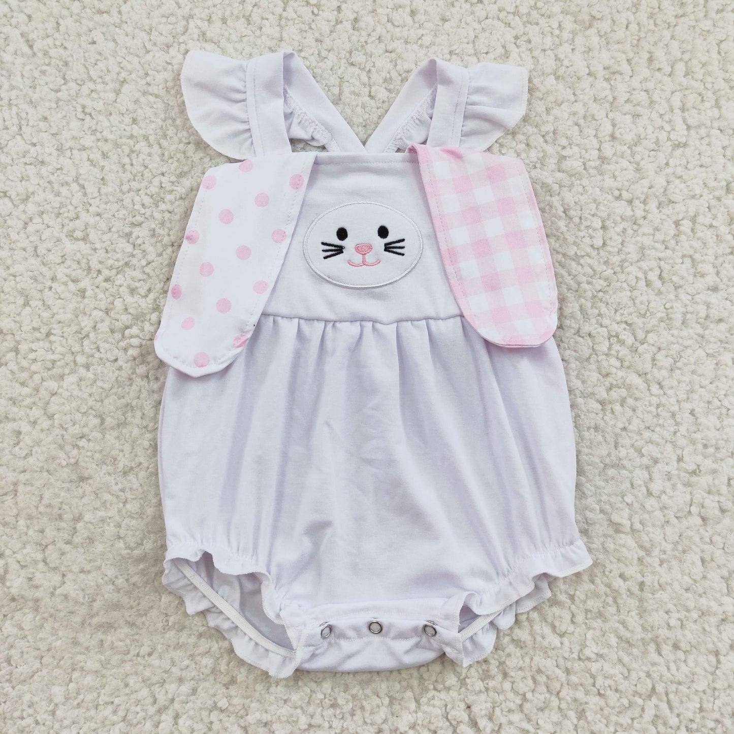 SR0111 Easter Pink Plaid Dot Rabbit Embroidery Girls Short Sleeve Romper