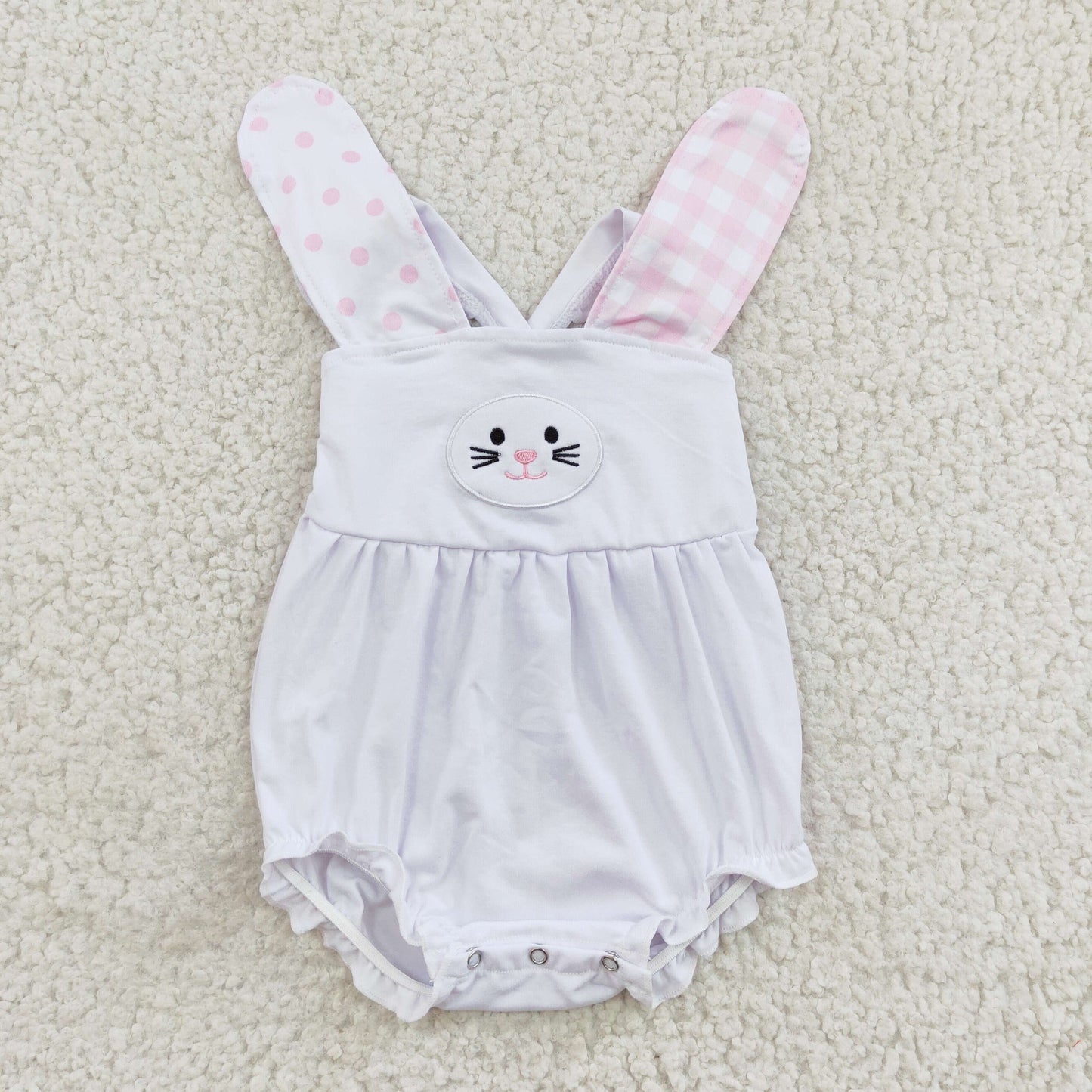 SR0111 Easter Pink Plaid Dot Rabbit Embroidery Girls Short Sleeve Romper