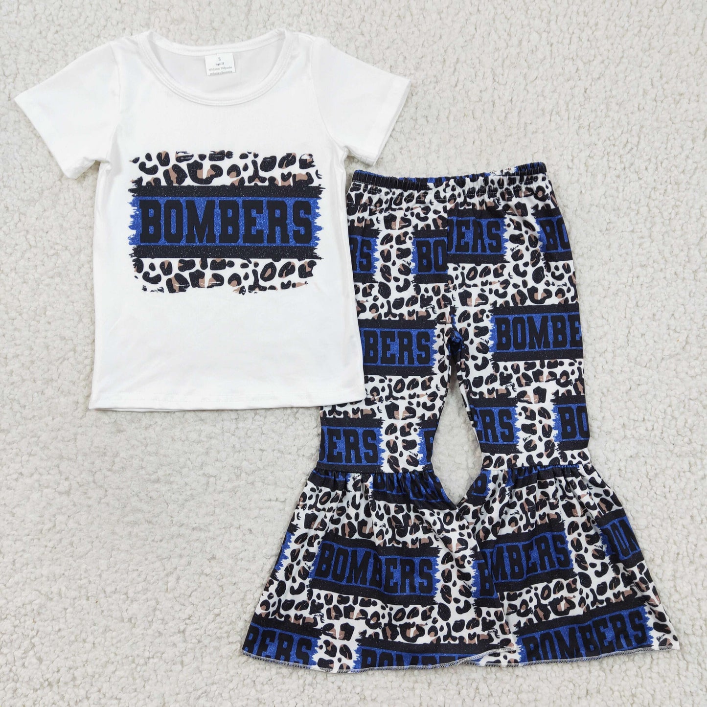 GSPO0434 Bombers Blue Leopard Western Girls Short Sleeve Bell Bottom Pants Outfits