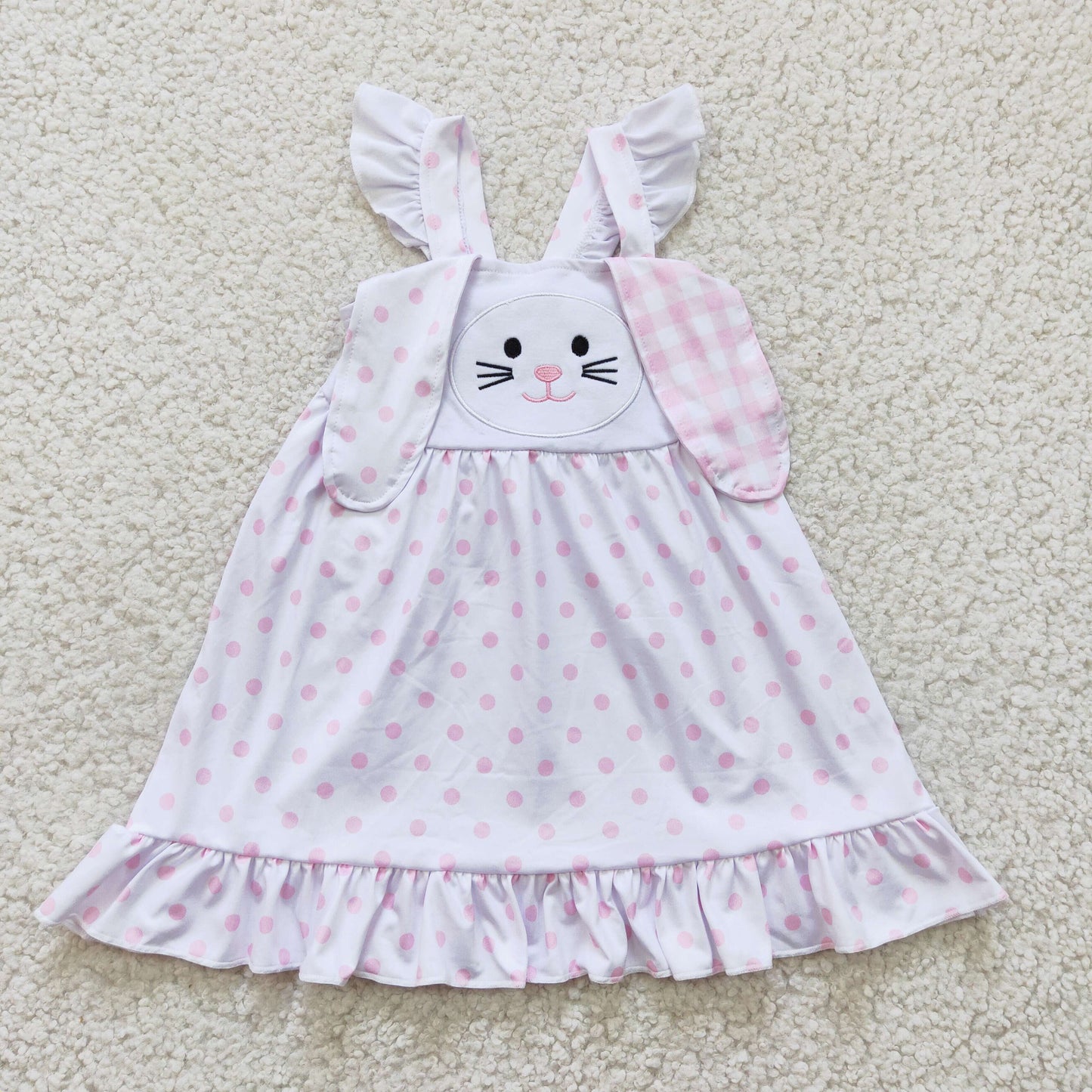 GLD0173 Easter Pink Plaid Dot Rabbit Girls Short Sleeve Dresses