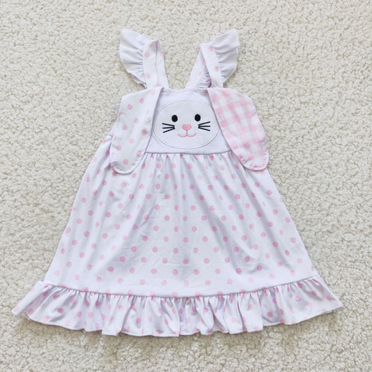 GLD0173 Easter Pink Plaid Dot Rabbit Girls Short Sleeve Dresses