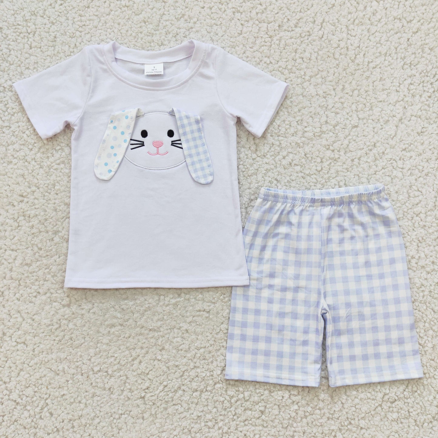 BSSO0090 Easter Blue Plaid Dot Pink Rabbit Embroidery Boys Short Sleeve Shorts Outfits