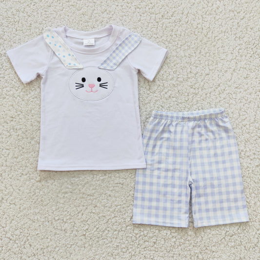BSSO0090 Easter Blue Plaid Dot Pink Rabbit Embroidery Boys Short Sleeve Shorts Outfits