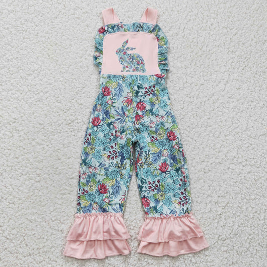 SR0164 Easter Green Pink Floral Rabbits  Girls Sleeveless Jumpsuit Overall Pants