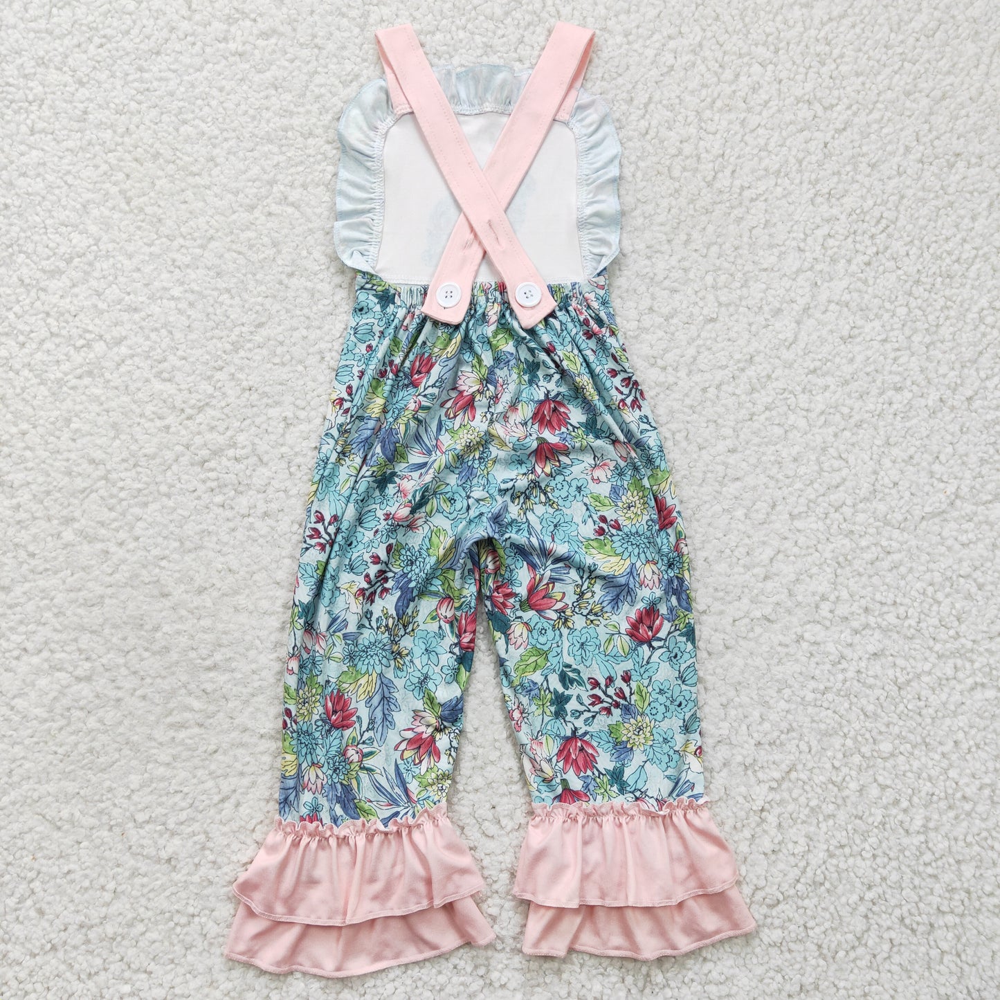 SR0164 Easter Green Pink Floral Rabbits  Girls Sleeveless Jumpsuit Overall Pants