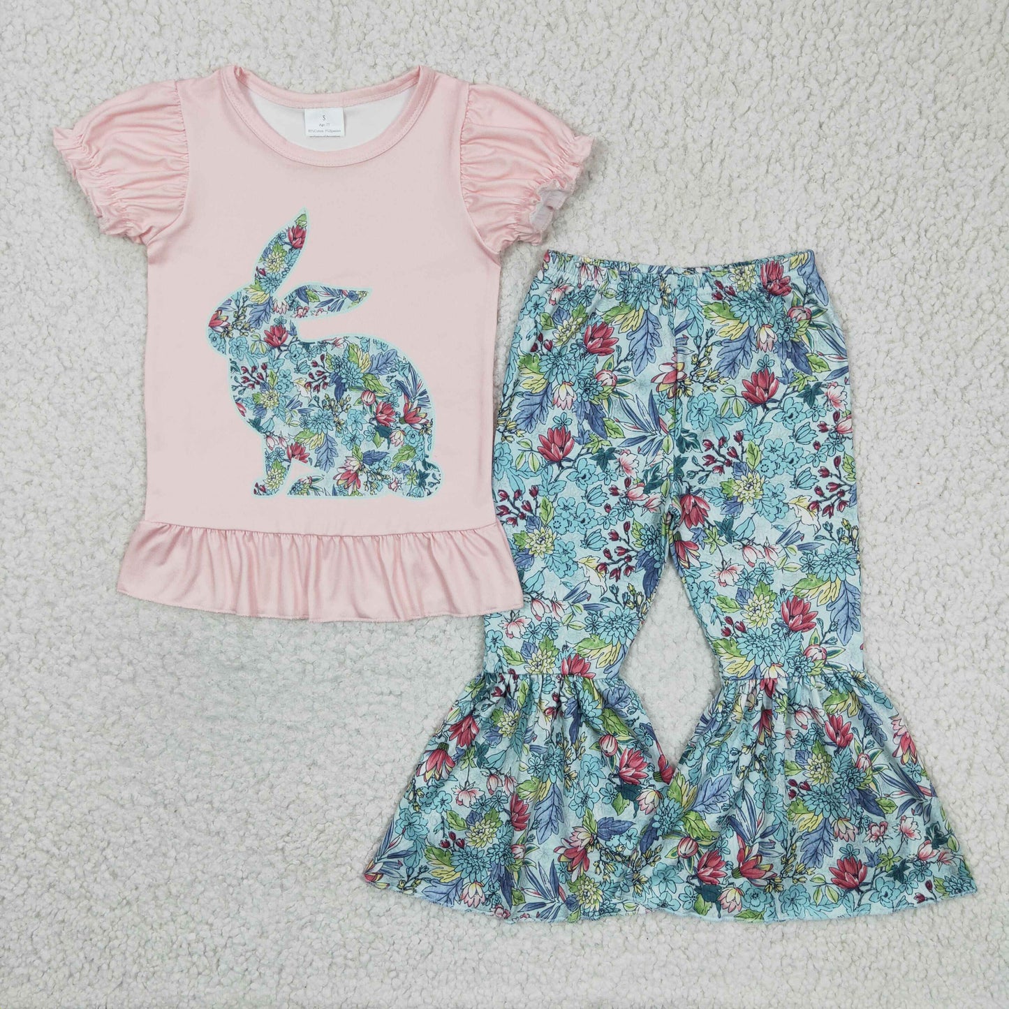 GSPO0341 Easter Green Pink Floral Rabbits Girls Short Sleeve Bell Bottom Pants Outfits