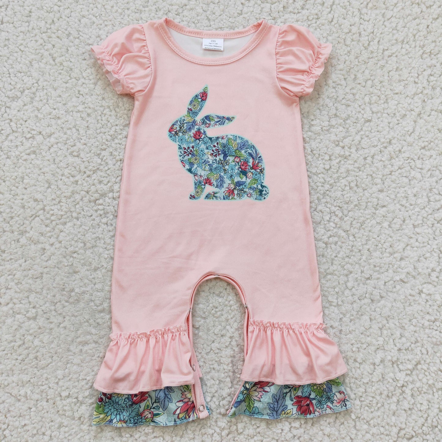 SR0163 Easter Green Pink Floral Rabbits Girls Short Sleeve Romper