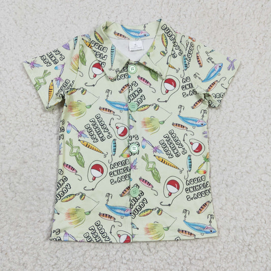 BT0125 Green Daddy Fishing Buddy Fish Boys Short Sleeve Top Collar T-Shirts