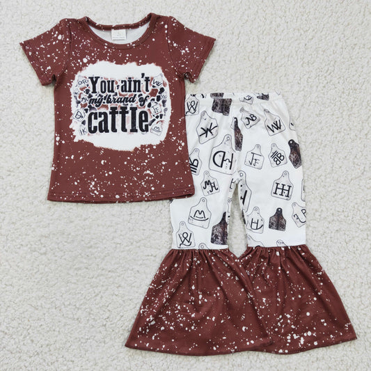 GSPO0355 Brown Cattle Letter Highland Cow Cowboy Girls Short Sleeve Bell Bottom Pants Outfits