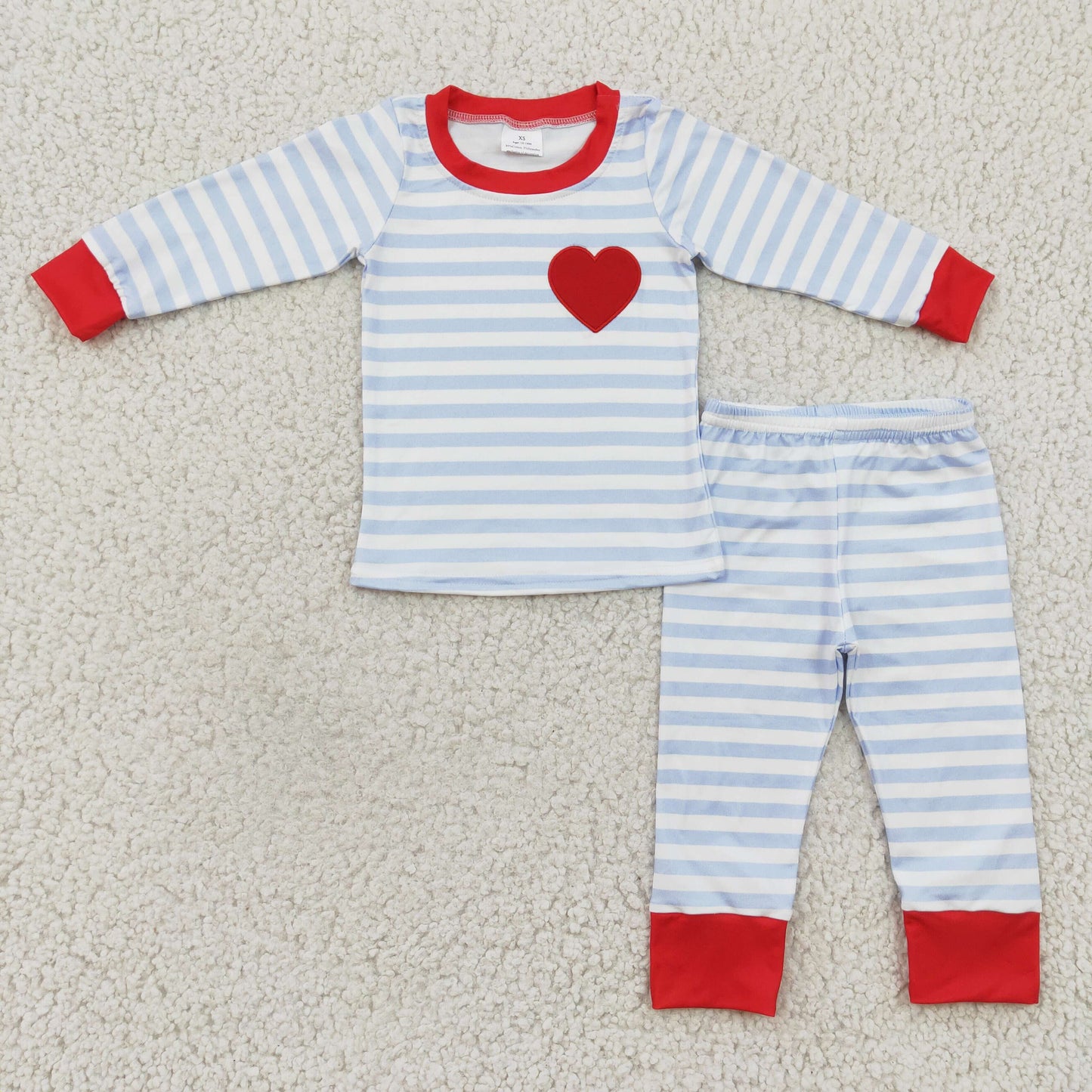 cBLP0149 Valentine Love Red Blue Stripes Embroidery Boys Long Sleeve Pants Outfits Pajamas