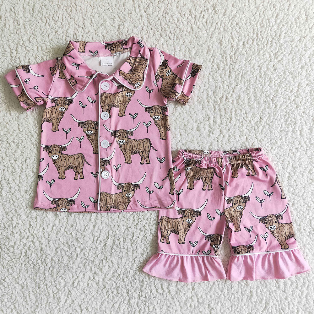 B11-28 Highland Cow Pink Collar Girls Short Sleeve Pajamas