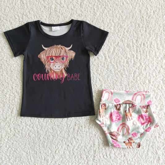 C0-29 Black Pink Highland Cows Country Babe Heifer Girls Short Sleeve Bummies Outfits